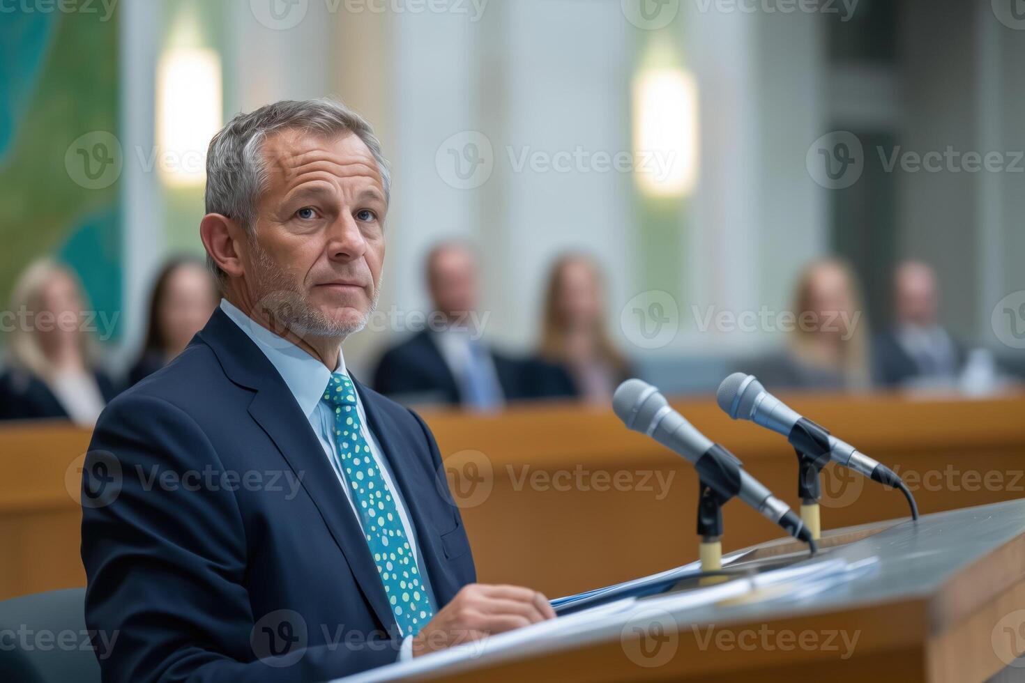 speaker delivers a speech from a podium at an official event photo