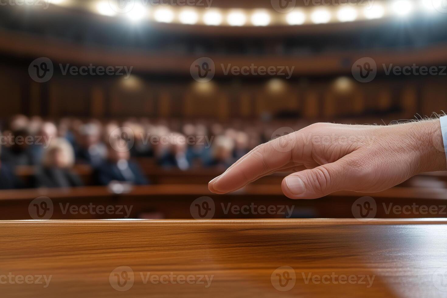 speaker putting hand on tribune in conference hall, close-up photo