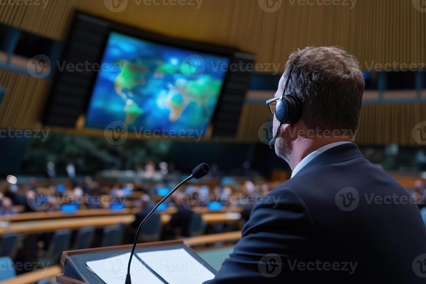 Rear view of a man in a business suit in headphones with microphone speaking at a conference photo