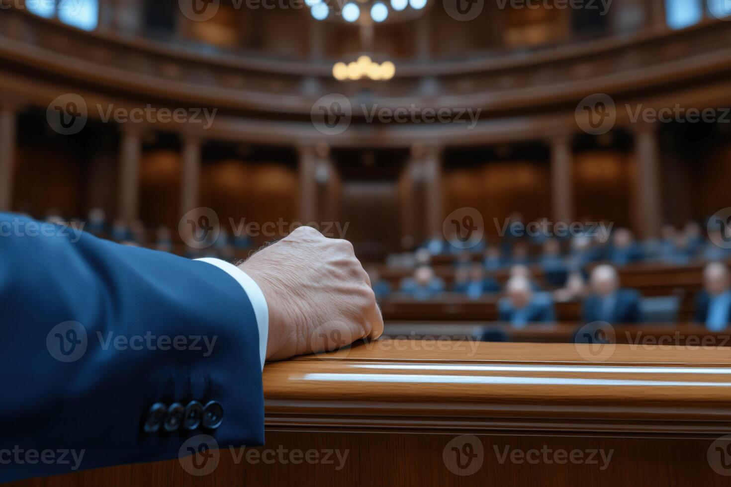 Hand of a man in a blue formalwear on the background of the auditorium photo