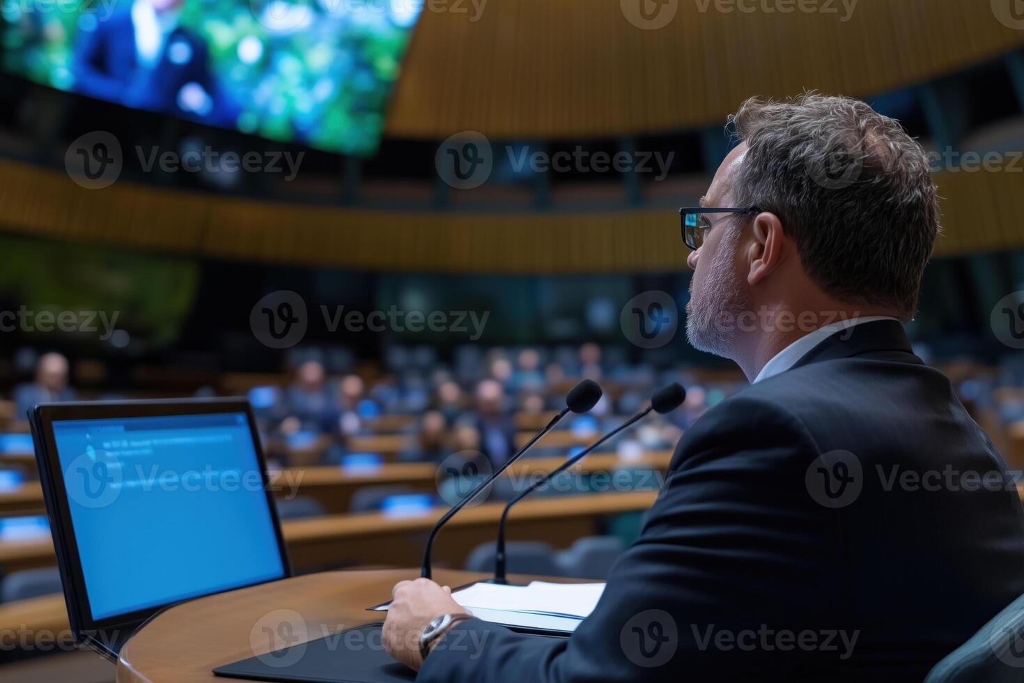 Rear view of mature speaker or translator at conference hall photo