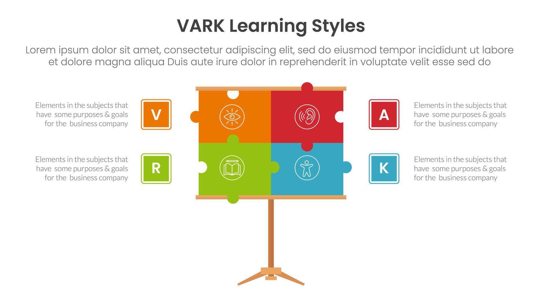 VARK learning styles infographic 4 point stage template with puzzle jigsaw presentation board for slide presentation vector