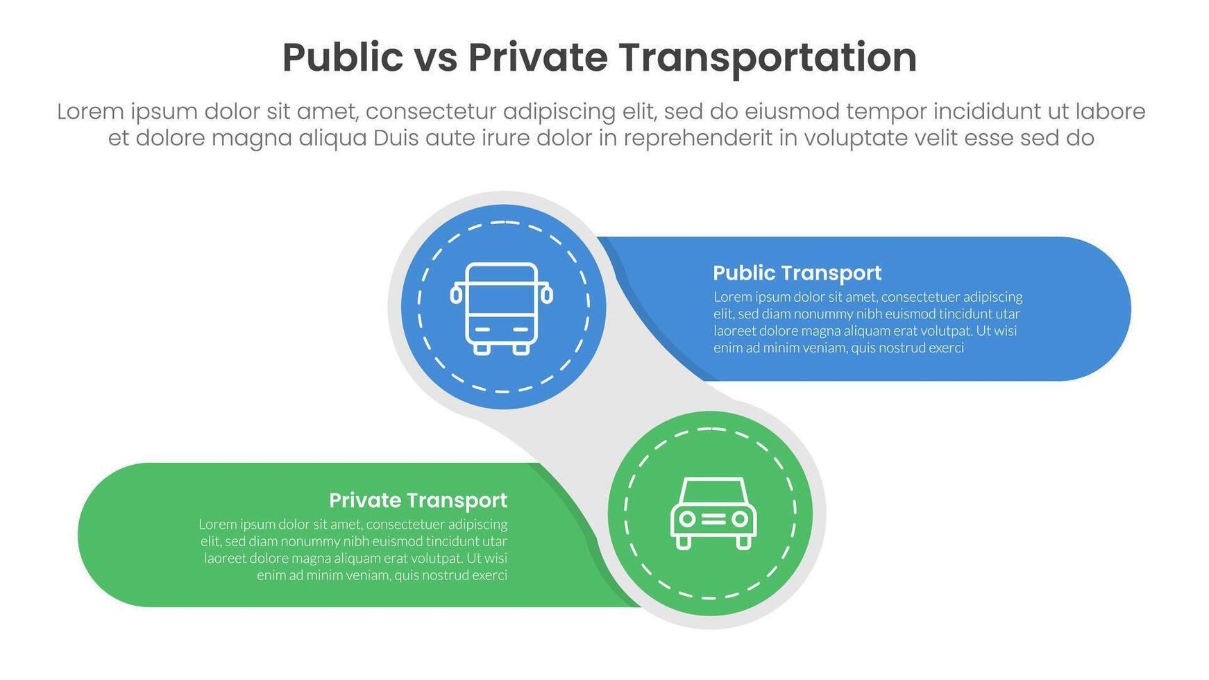 public transport vs personal vehicle comparison concept for infographic template banner with creative circle and round rectangle shape left and right with two point list information vector