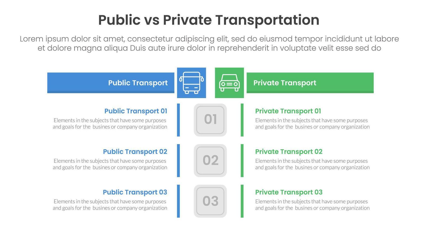public transport vs personal vehicle comparison concept for infographic template banner with box rectangle table opposite with two point list information vector