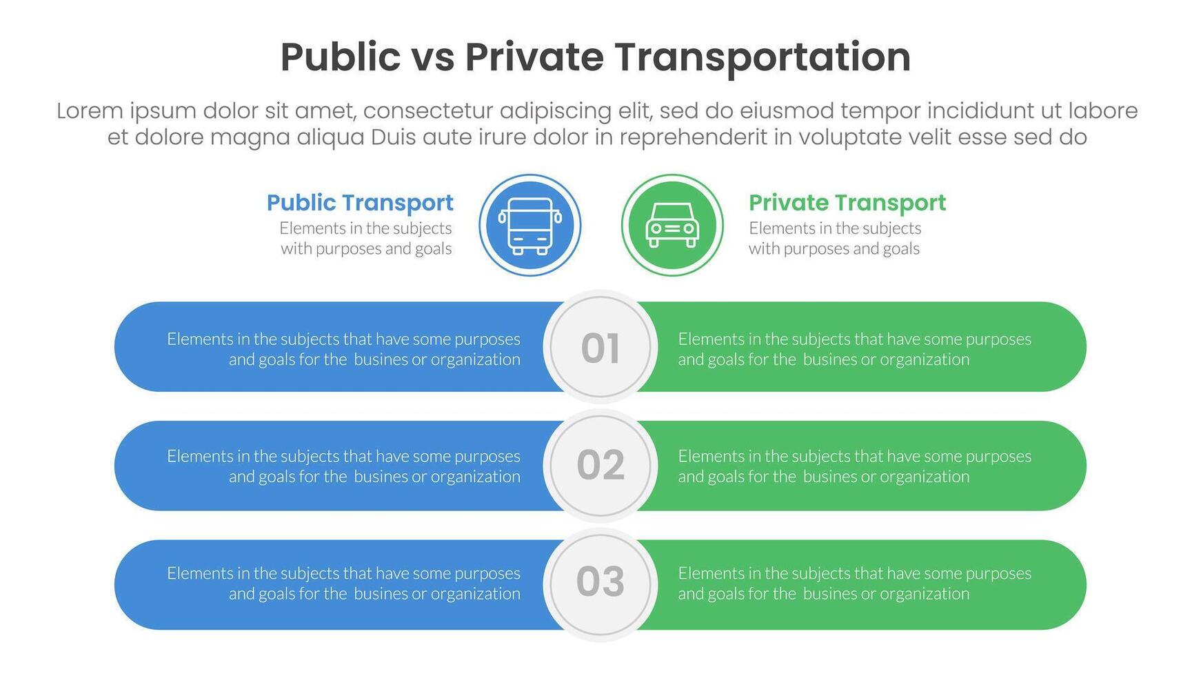 public transport vs personal vehicle comparison concept for infographic template banner with round rectangle bar opposite with two point list information vector