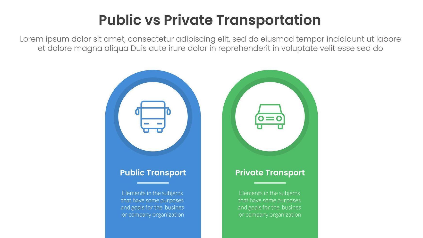 public transport vs personal vehicle comparison concept for infographic template banner with round shape on top vertical box with two point list information vector