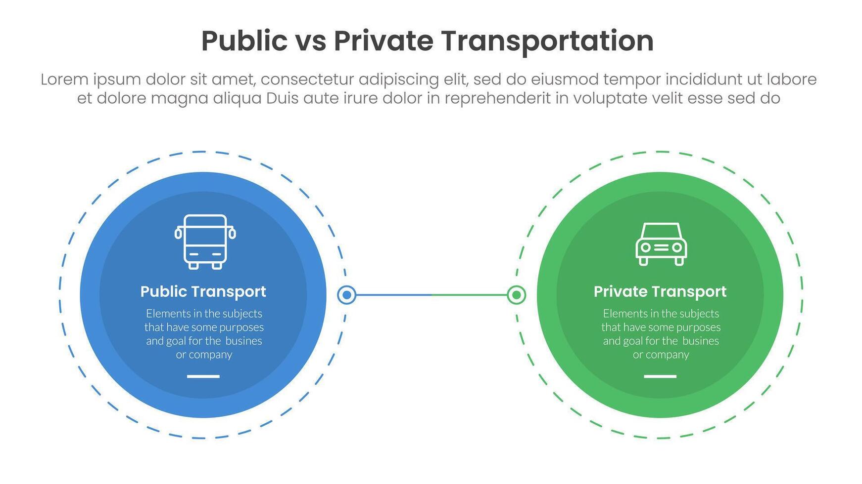 public transport vs personal vehicle comparison concept for infographic template banner with big circle opposite outline dotted with two point list information vector