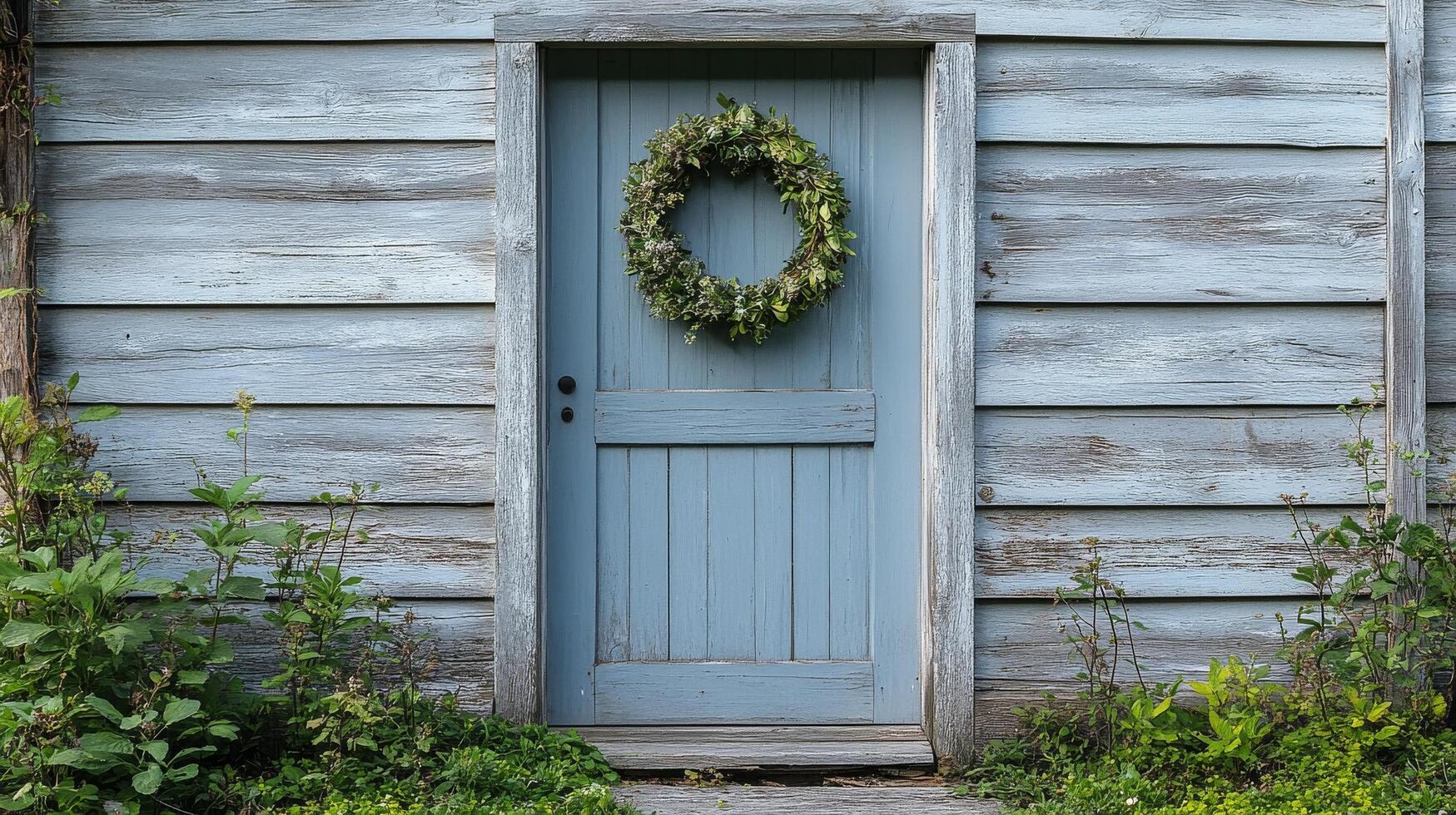 A blue door with a wreath on it photo
