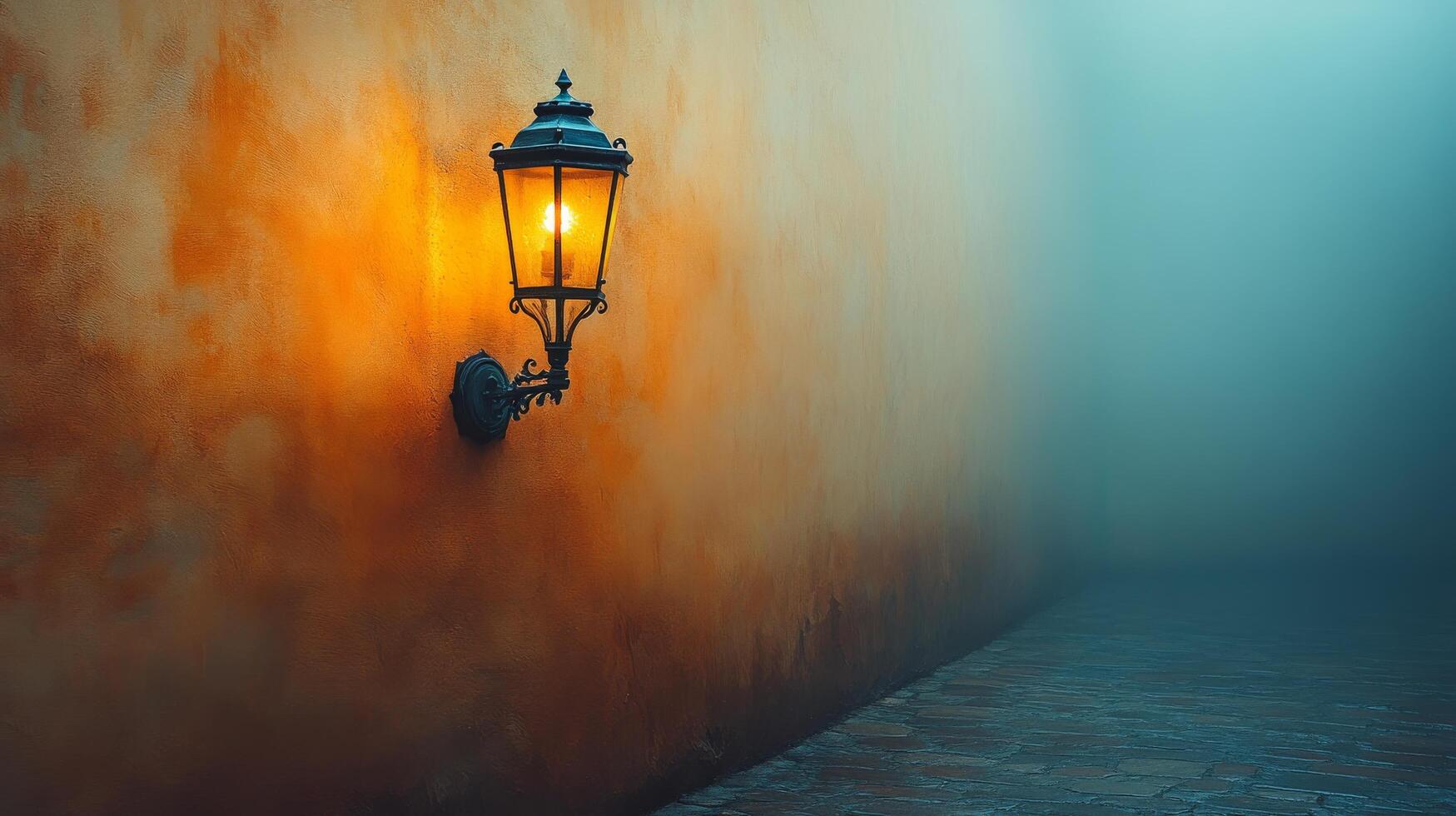 An old street lamp on a foggy night photo