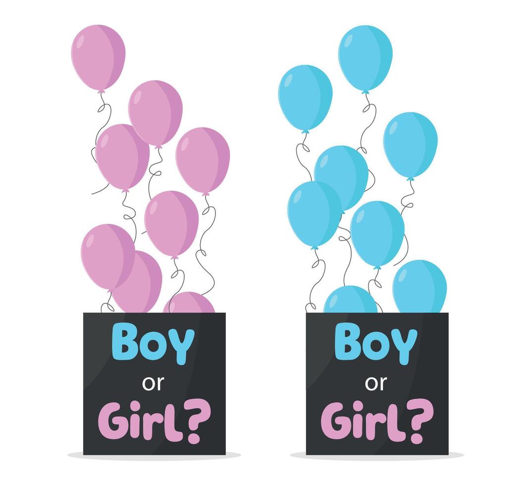 Gender reveal party balloons boxes icons on white background. Decor. Surprise for expectant parents. vector