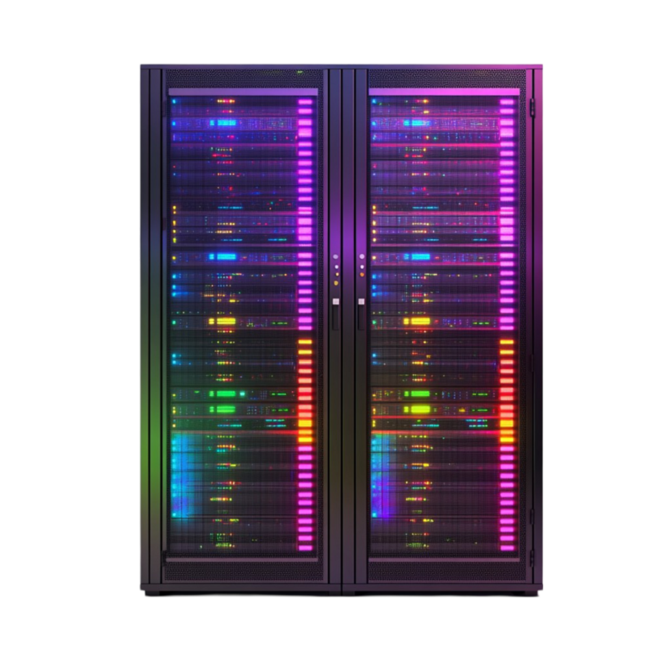 Server Rack with Colorful Lights on Transparent Background png