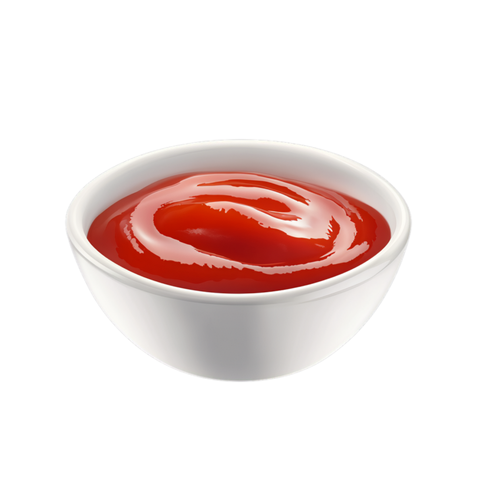 Delicious Ketchup in a White Bowl, Appetizing Red Sauce Against Transparent Background for Condiment Advertising, Food Branding, or Culinary Projects png