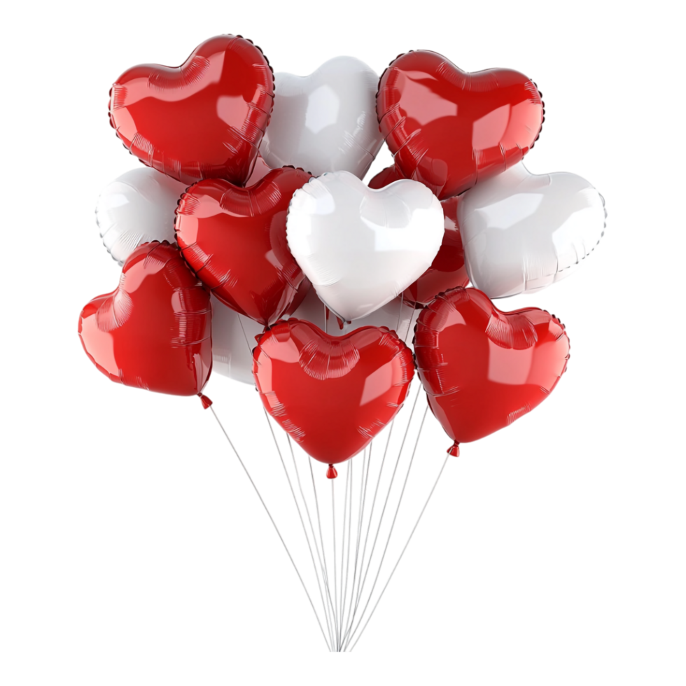 Bunch of Red and White Heart-Shaped Balloons Against transparent Background for Romantic Celebrations, Valentine's Day, or Party Themes png
