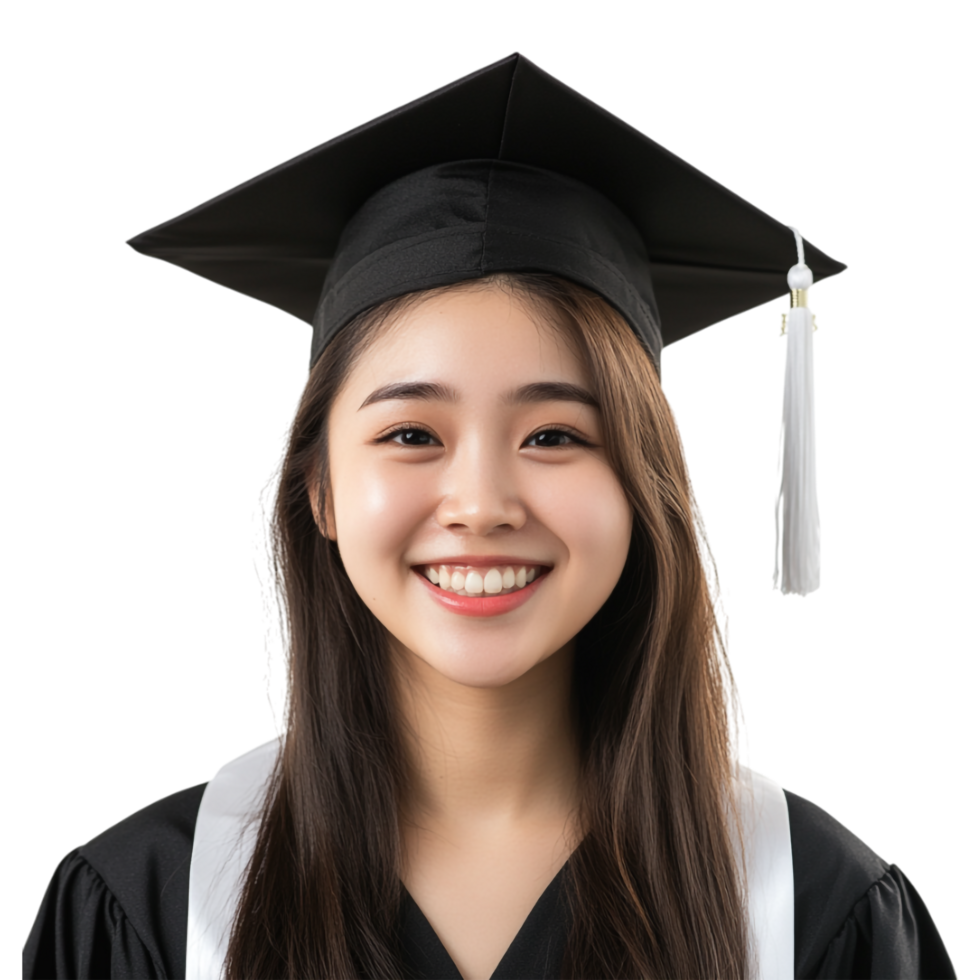 A young woman in a graduation gown smiling png