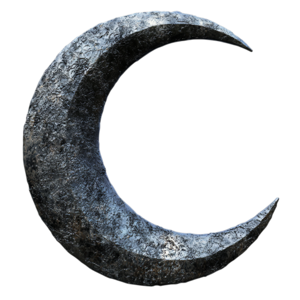 Crescent Moon A Dark Textured Metallic Symbol Against Transparent Background for Mystical Themes, Nighttime Designs, or Artistic Branding png