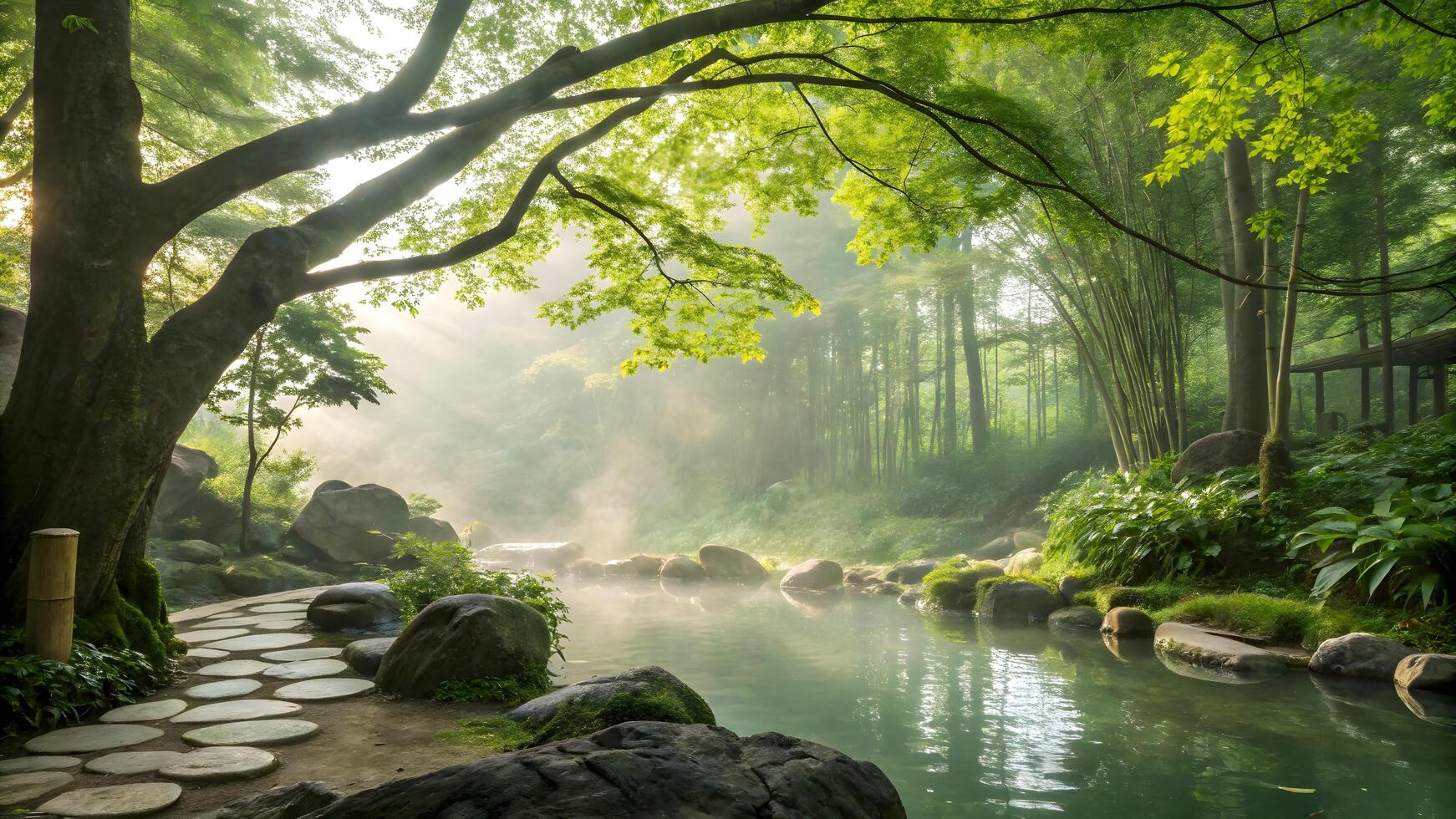 Serene Forest Stream with Stepping Stones and Lush Greenery photo