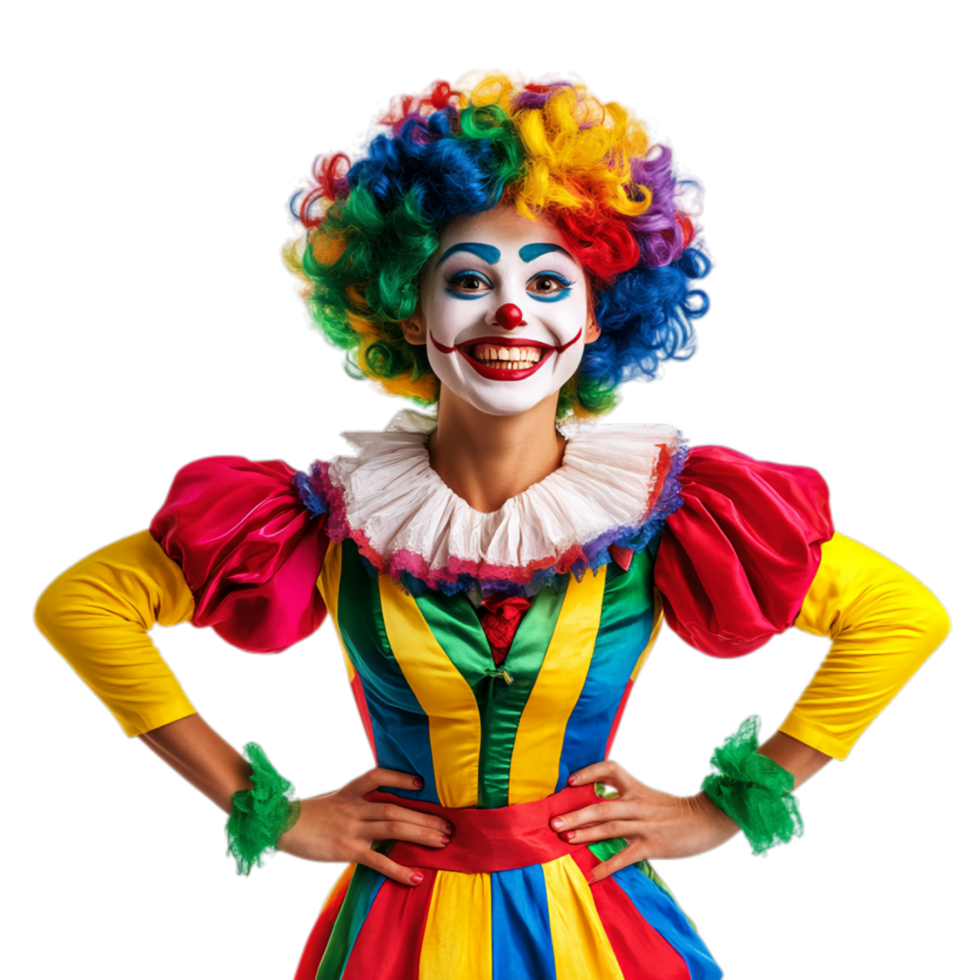 Cheerful Clown with Rainbow Hair and a Colorful Outfit Against Transparent Background for Party Promotions or Entertainment Branding png