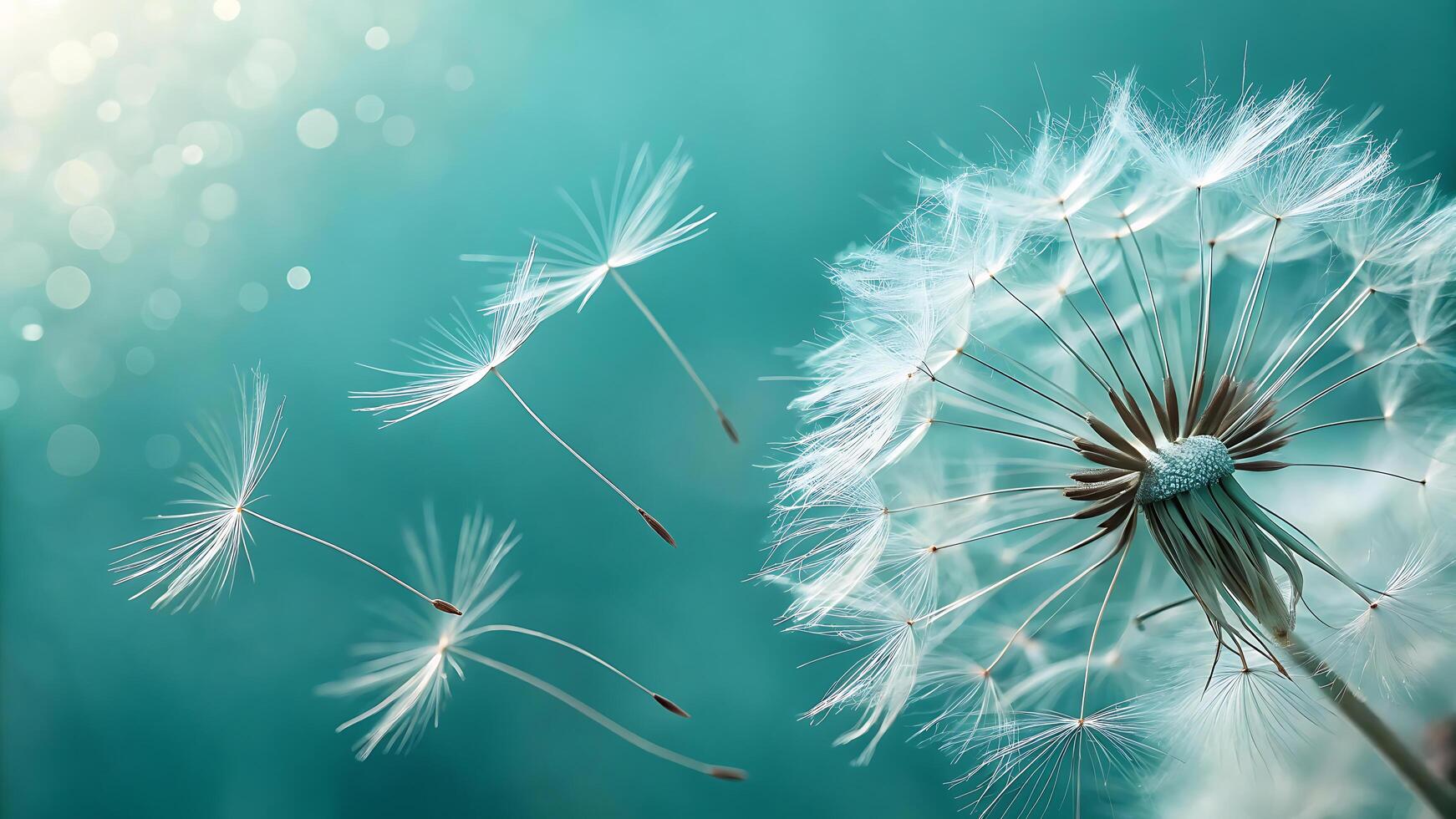 Delicate Dandelion Seeds in Soft Teal Bokeh Background photo