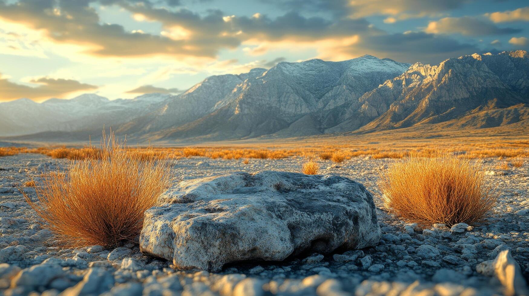 A rock in the middle of a desert with mountains in the background photo