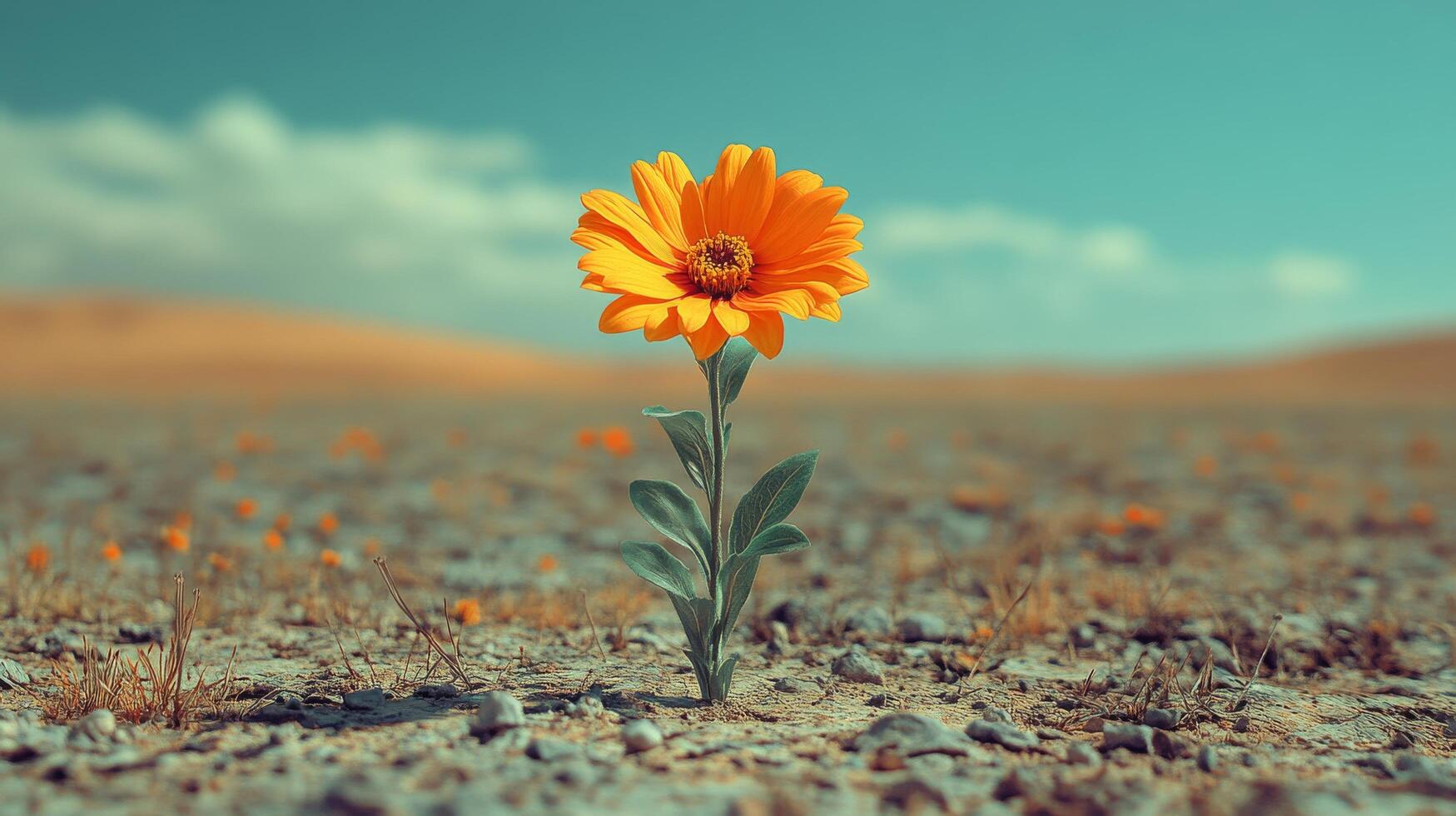 A single orange flower in the middle of a desert photo