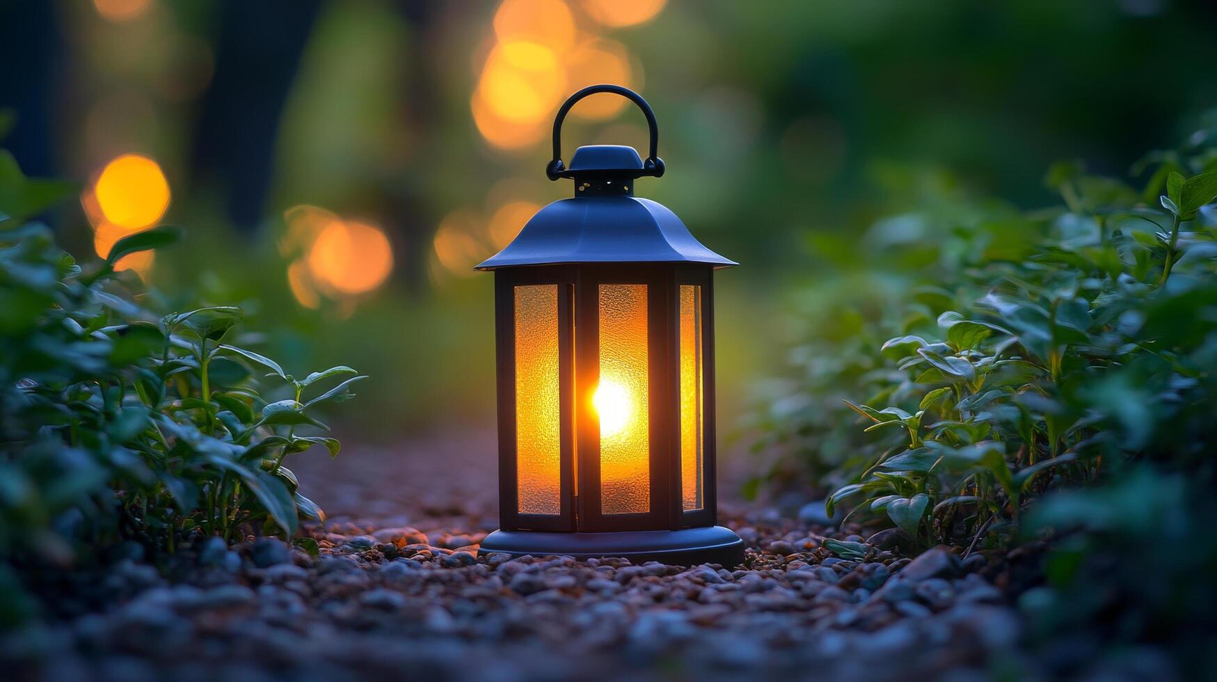 A lantern lit up in the middle of a garden photo