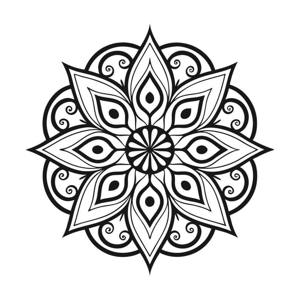 This elegant black and white mandala design features intricate patterns and detailed floral motifs. vector