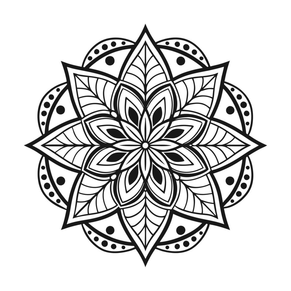 black and white mandala design features a symmetrical, floral pattern with detailed layers of petals, swirls, and dots. vector