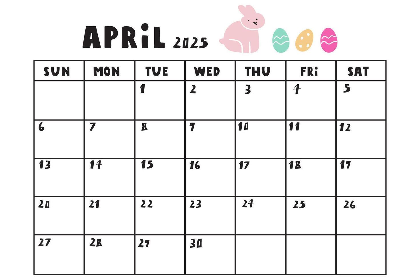April 2025. Calendar with Easter eggs and bunny. Simple design. Hand drawn illustration on white background. vector