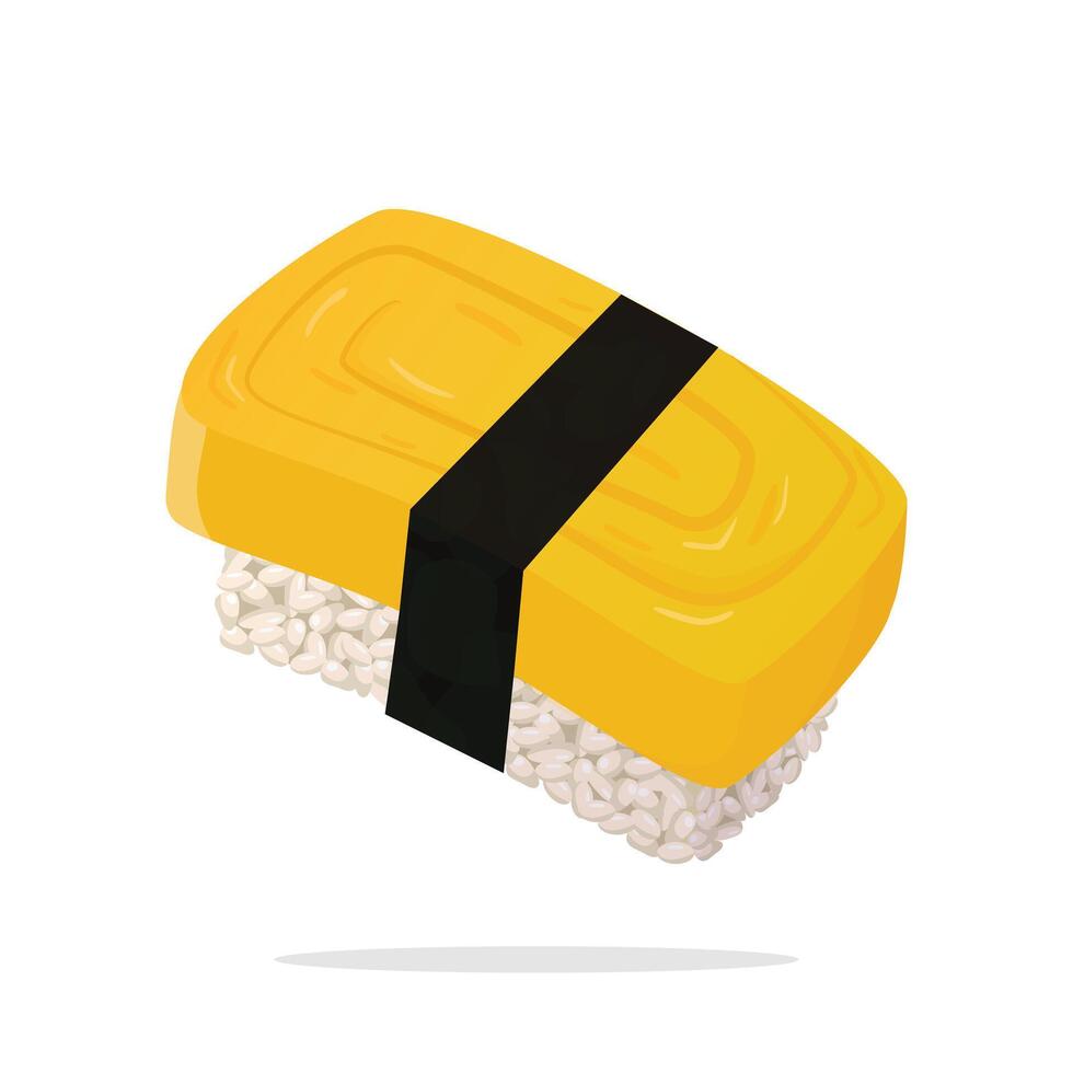 Sushi tamago egg roll Japanese traditional food art detail every ingredient rice and nori as a wrap. Perfect for illustration menu or as asset design vector