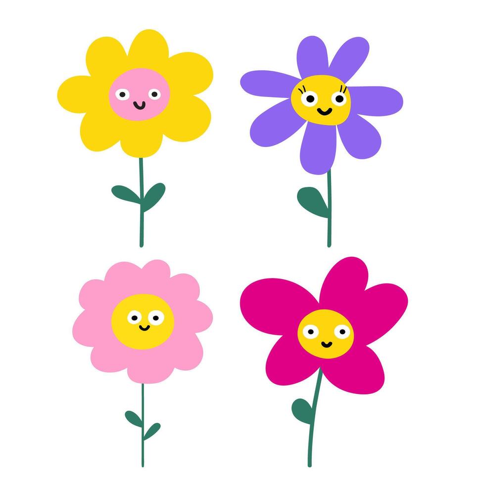 Nice and funny daisies. Cute characters. hand drawn illustration on white background. vector