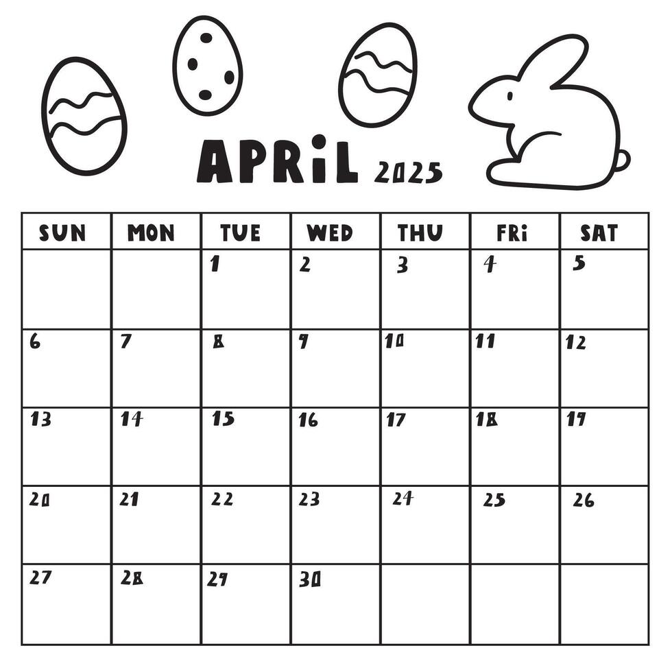 April 2025. Template calendar. Simple outline design. Hand drawn illustration on white background. vector