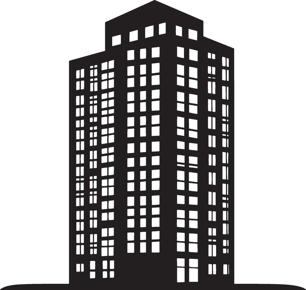 A clean line-art depiction of a building in black vector