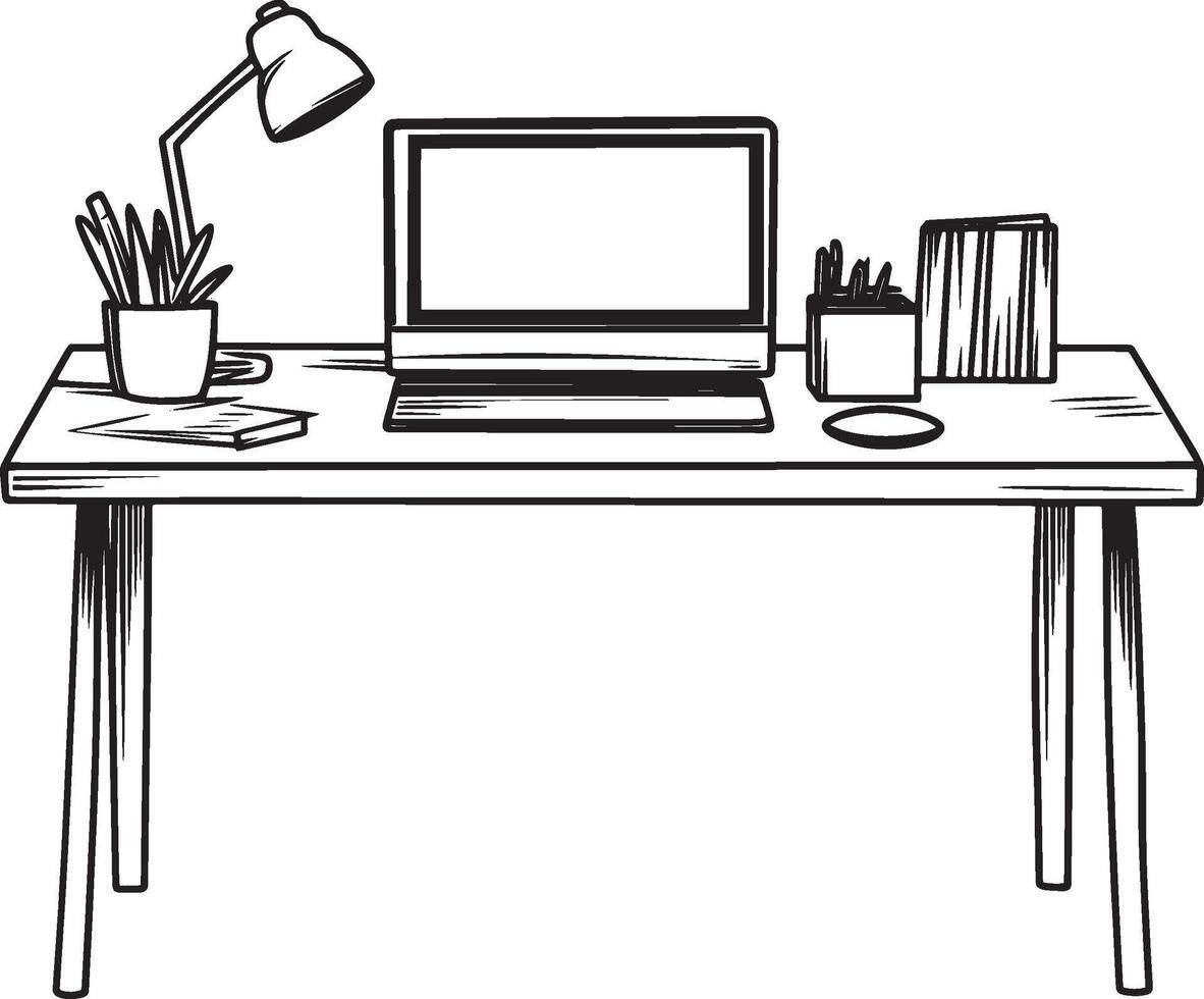 Black illustration of a desk in outline style. vector