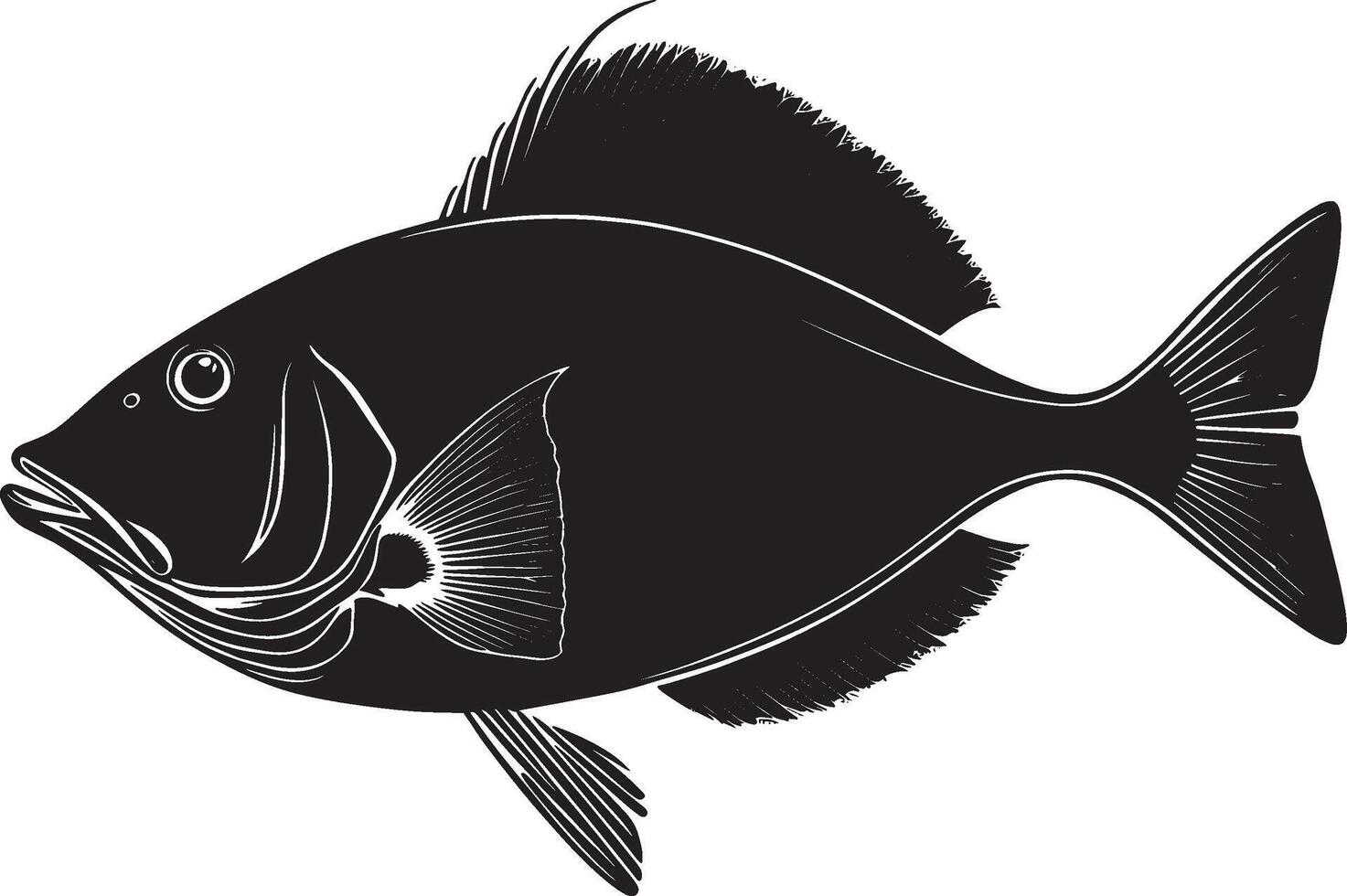 Minimalist black silhouette of a halibut fish, design. vector