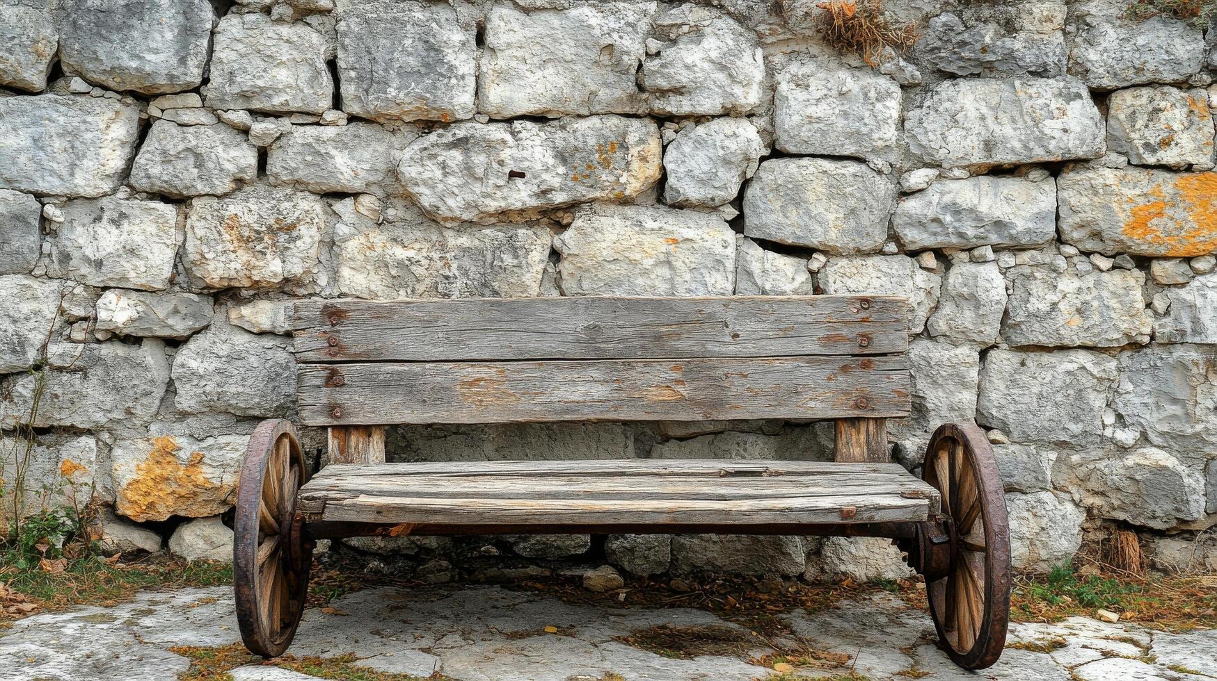 A bench sitting in front of a stone wall photo