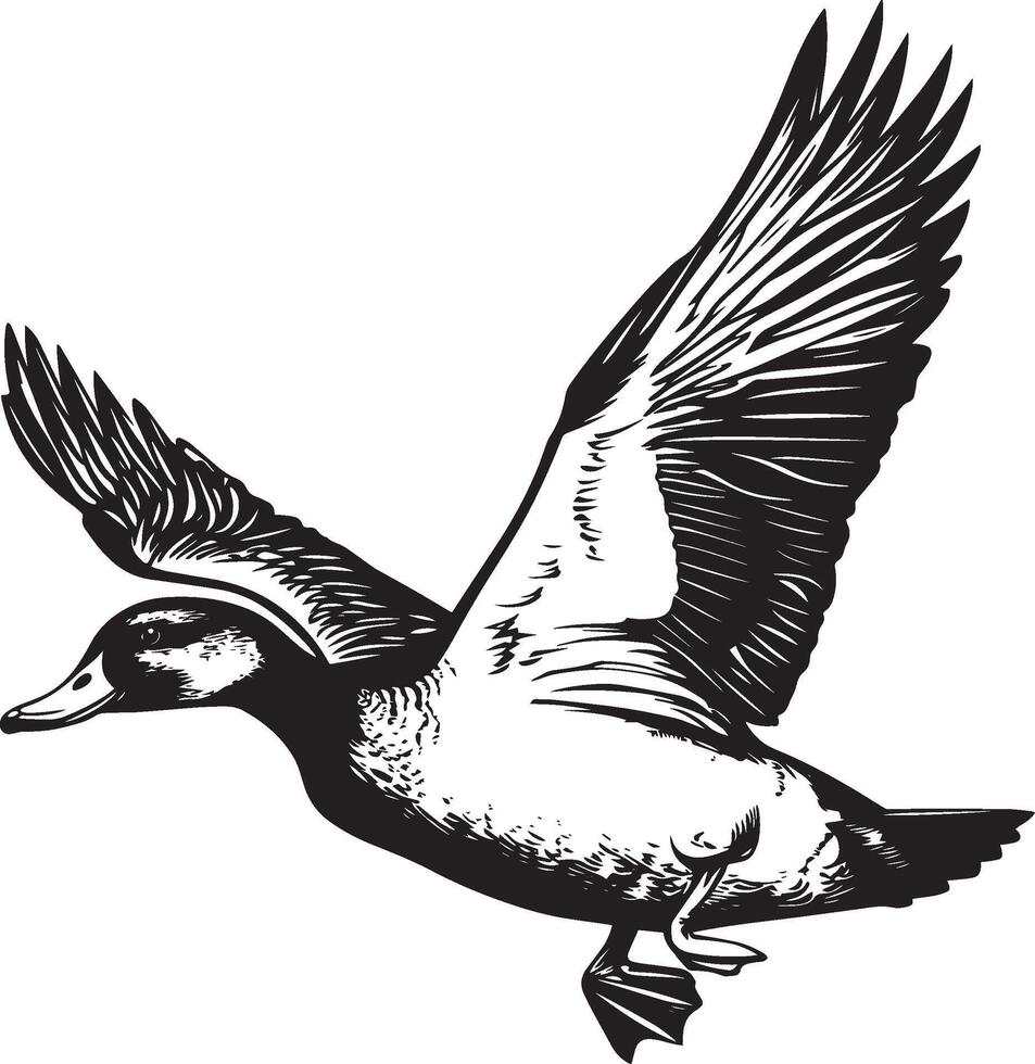 Black illustration of a flying duck in outline style. vector