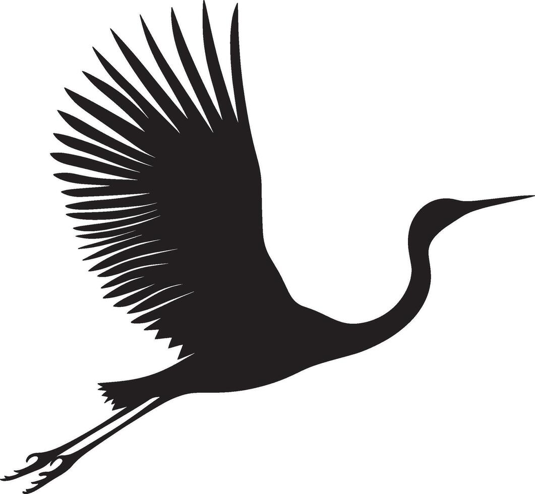 Black illustration of a flying crane bird in simple silhouette style. vector