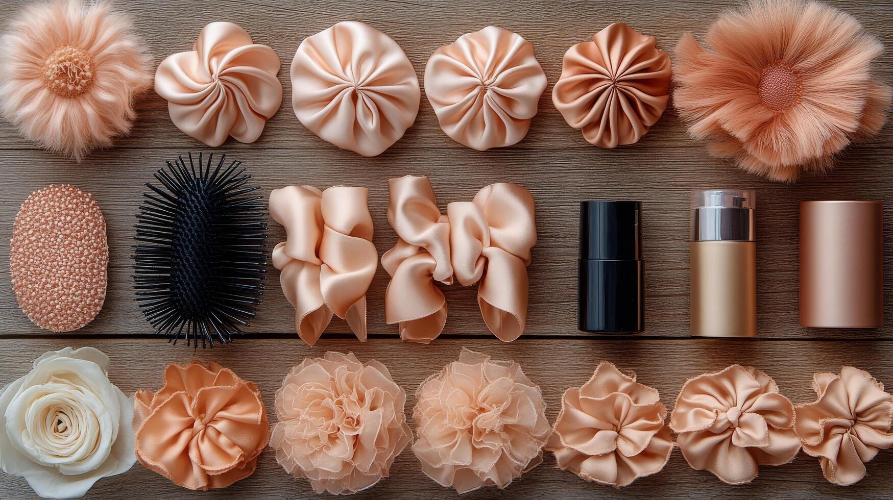 Natural beauty products arranged on rustic wooden surface with delicate floral accents photo