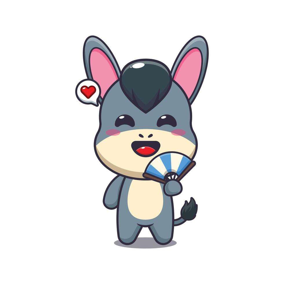 donkey mascot cartoon character illustration with hand fan. vector