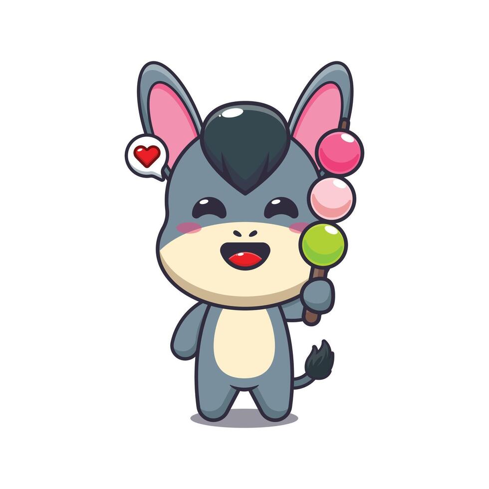 donkey mascot cartoon character illustration eating dango. vector