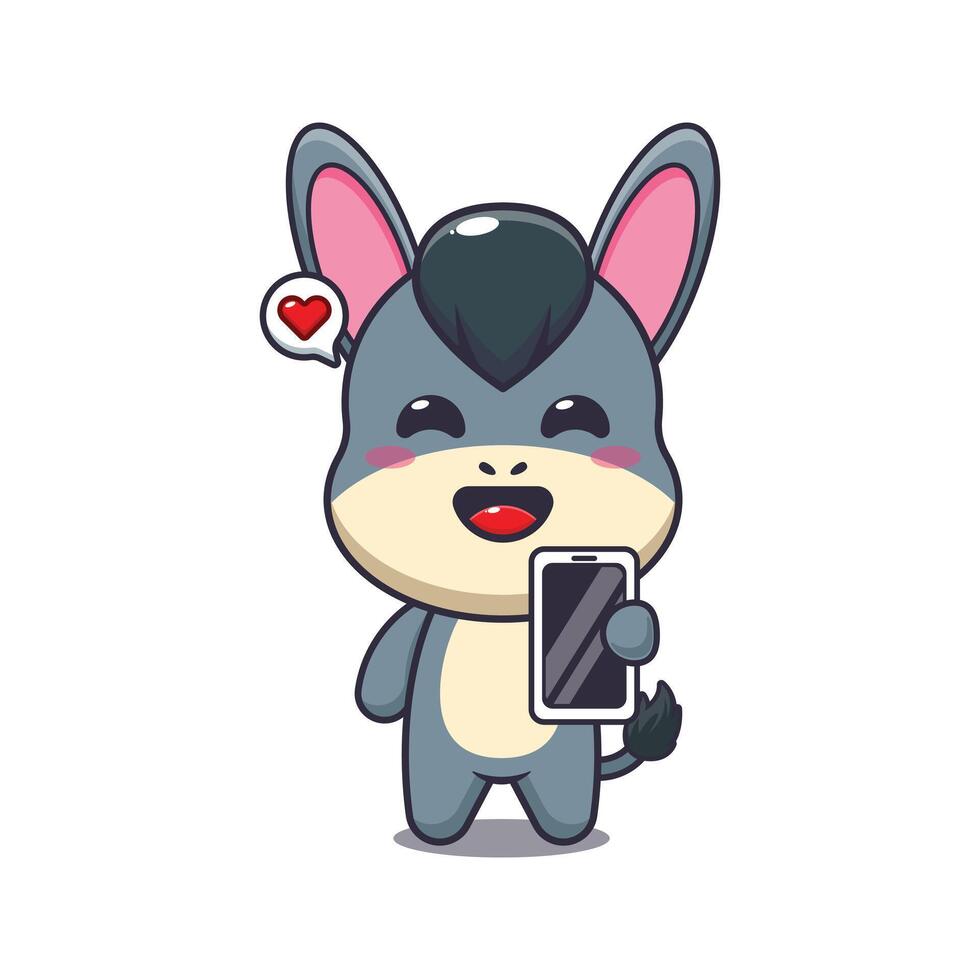 donkey mascot cartoon character illustration with mobile phone. vector