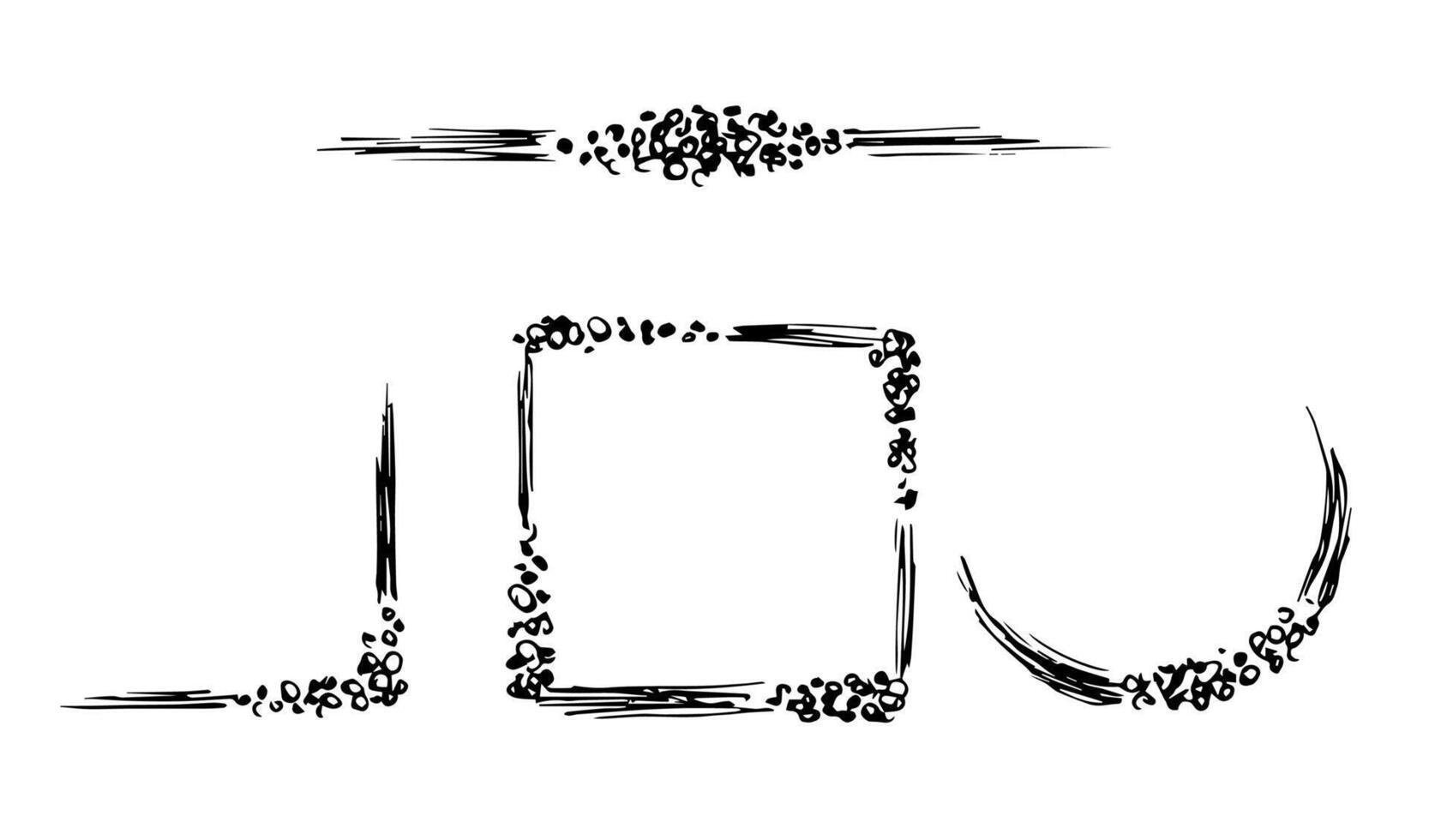 Round, square frame, corner for decoration. Abstract doodles, lines, dots. Hand-drawn ink drawing set. vector