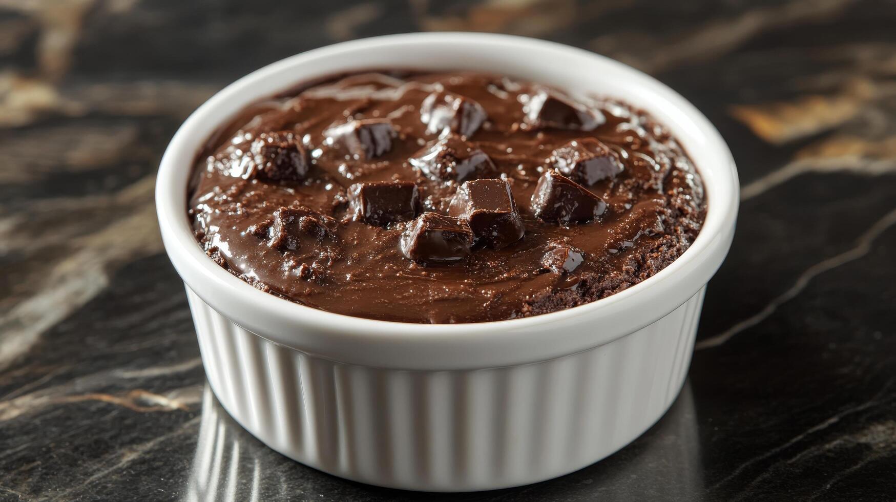 A small bowl of chocolate pudding on a marble counter photo