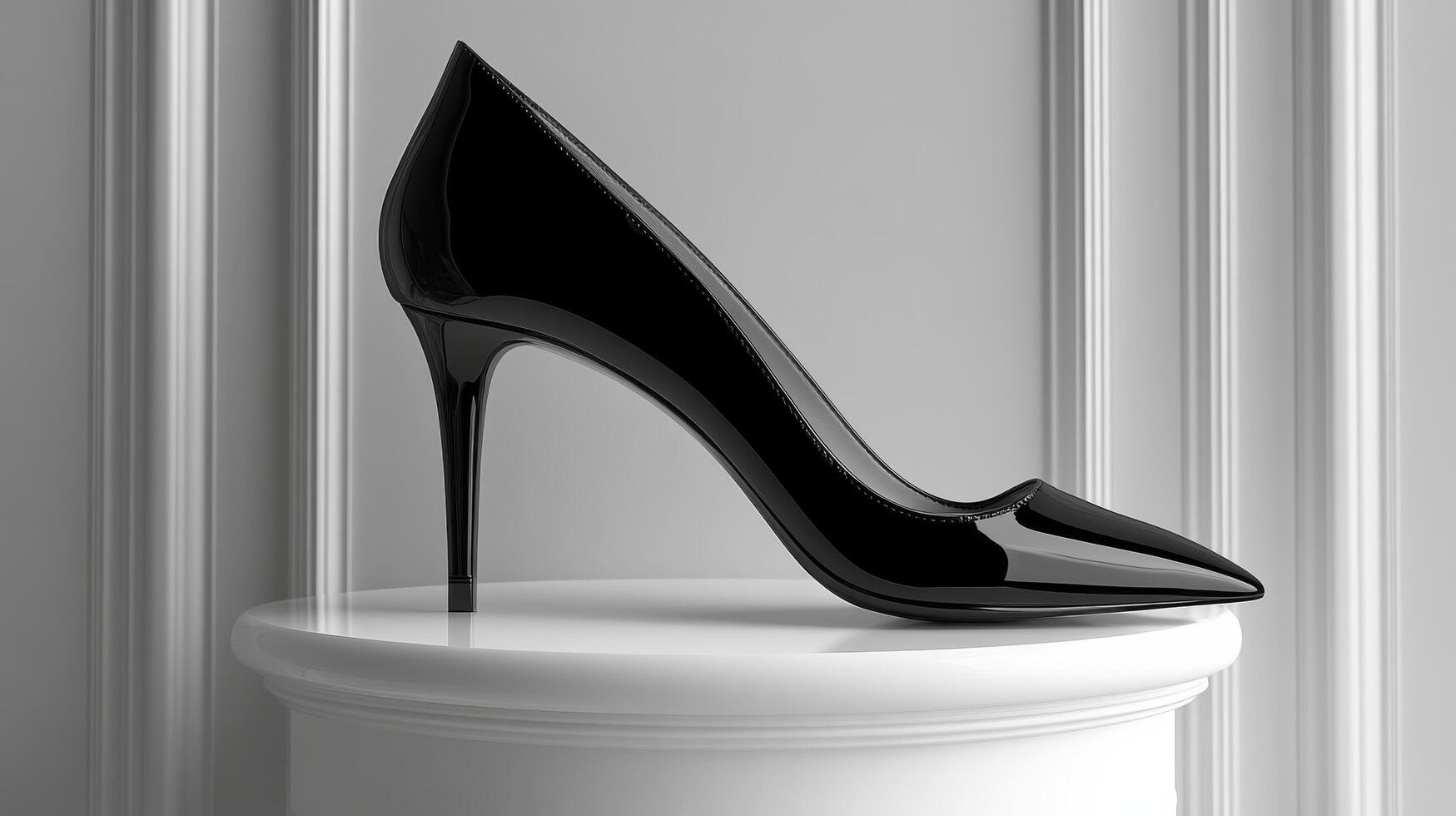A black high heeled shoe on a pedestal photo