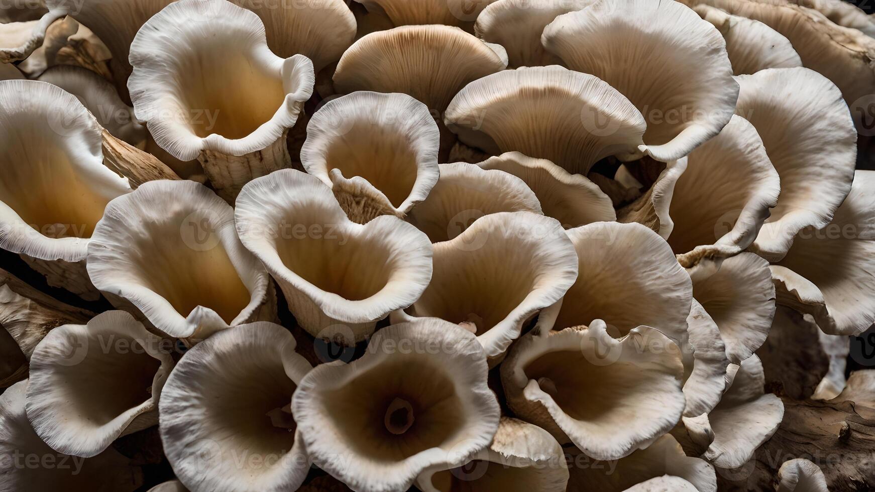 Close Up Oyster Mushroom Cluster Underside Close Up photo