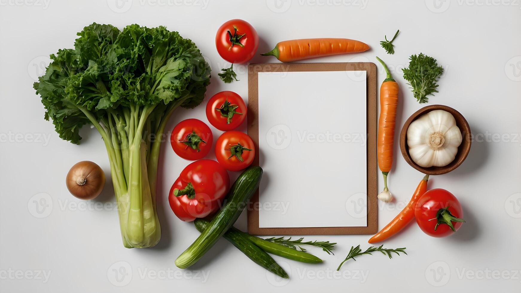 Fresh Vegetables and Blank Recipe Card Flat Lay photo