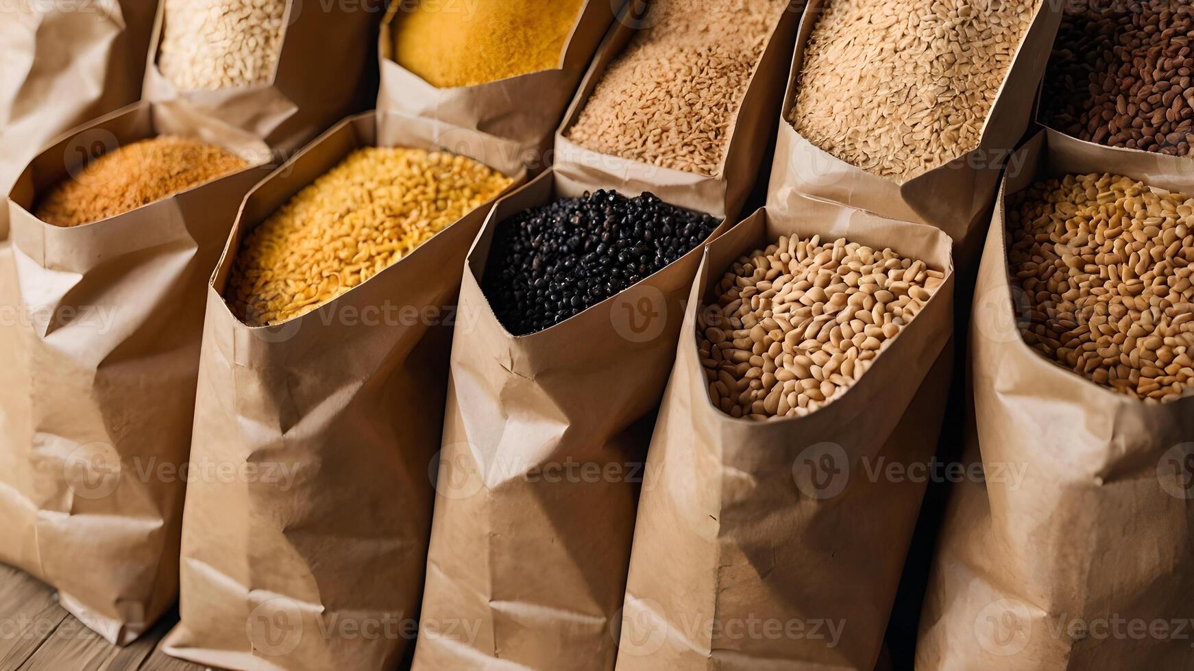 Assorted Grains and Cereals in Brown Paper Bags photo