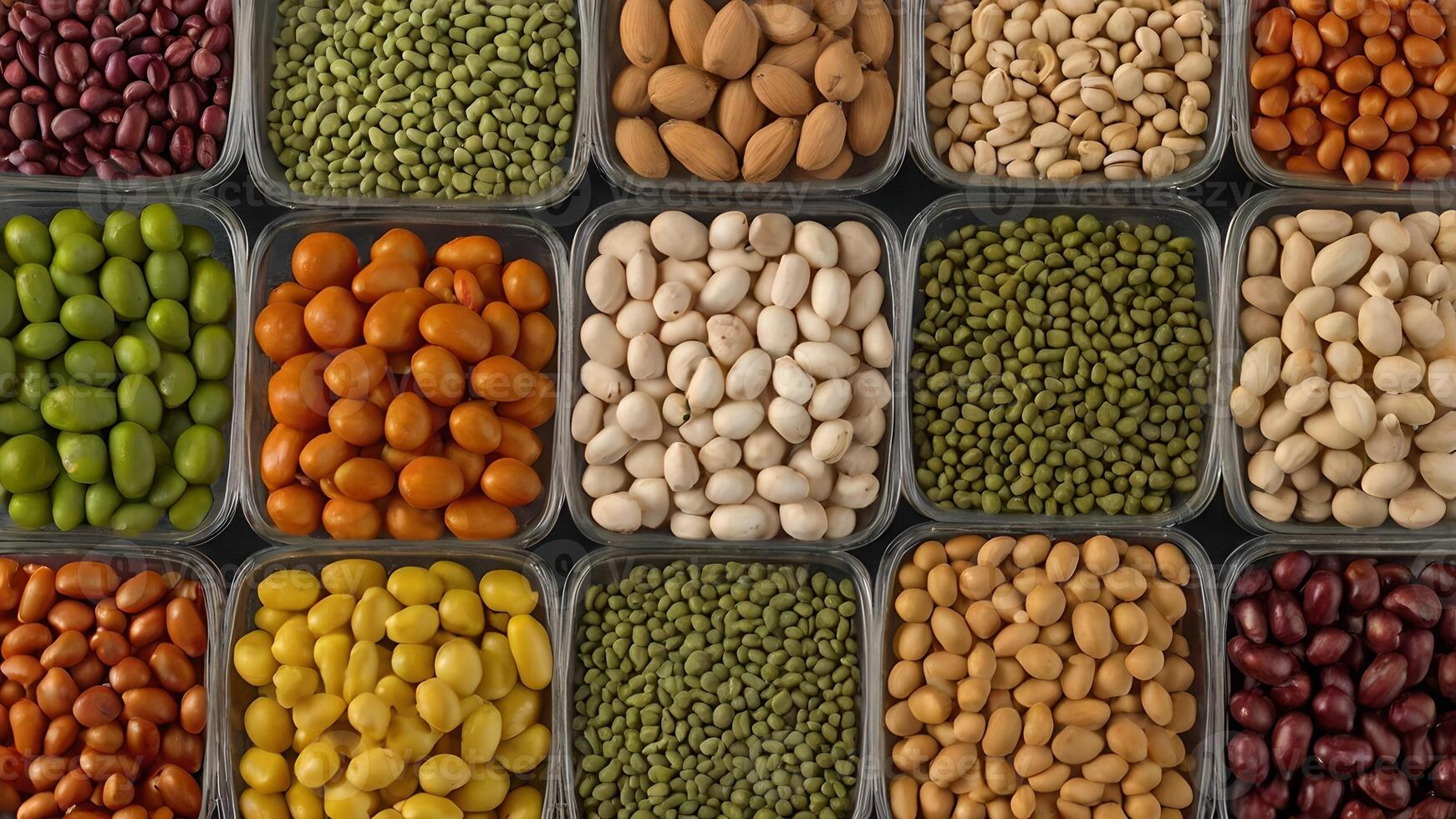 Colorful Assortment of Legumes and Nuts in Transparent Containers photo