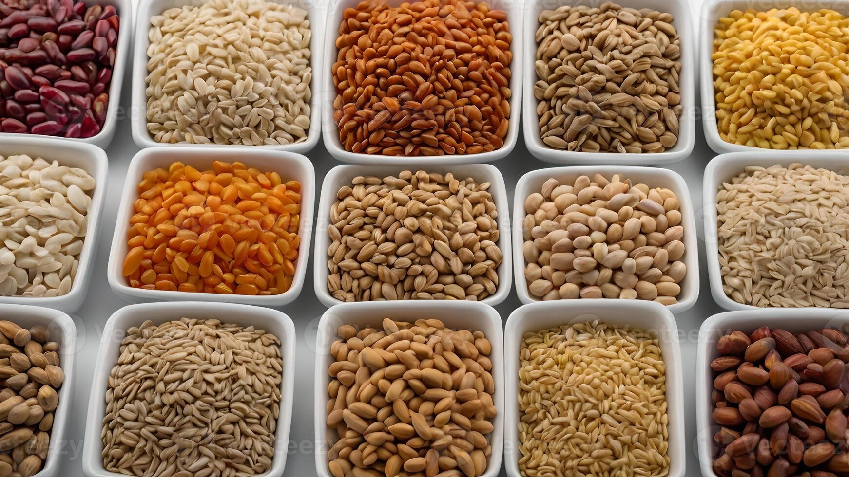 Variety of Grains and Pulses in White Bowls photo