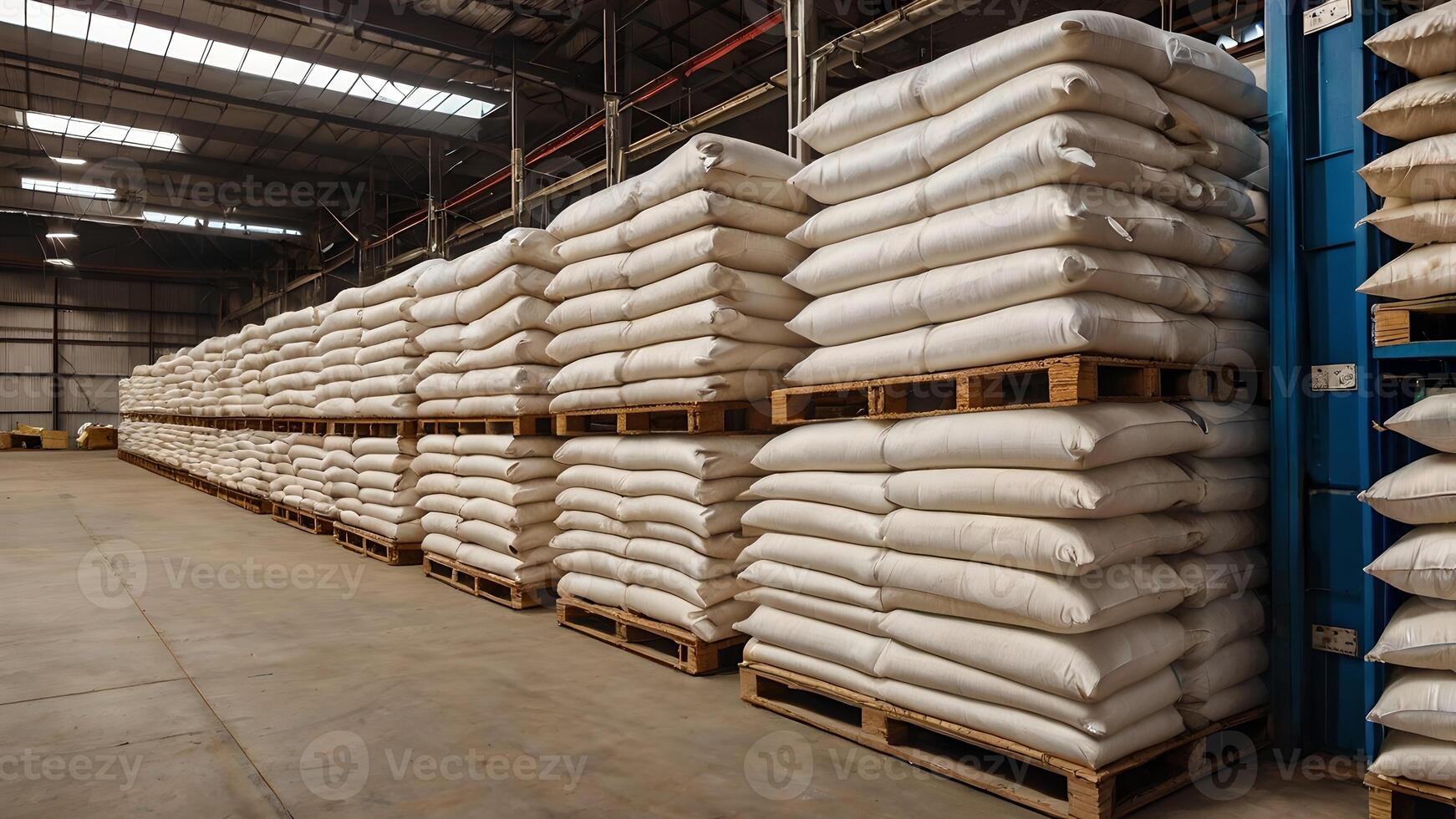 Warehouse Grain Storage Rows of neatly stacked grain sacks in a large industrial warehouse photo